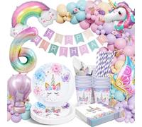 yosiio Ensemble de vaisselle de fête licorne pour 6e anniversaire licorne, assiettes en carton, gobelets, serviettes, nappe, ballons pour fêtes d'anniversaire d'enfants, 16 invités