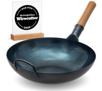 YOSUKATA Woks Et Poêles à Frire 34 cm À Fond Plat En Acier Carbone Bleu | Wok Pré-assaisonné Compatible Induction, Plaques Électriques, Gaz Et Feu Ouvert - Poêles Chinois Traditionnel