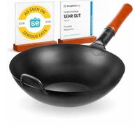 YOSUKATA Woks Et Poêles à Frire 34 cm à Fond Plat Pré-assaisonné | Pré-assaisonné Chinois Traditionnel Wok Pour Induction Plaques Électriques Gaz Feu Ouvert - Pour Sauté Barbecue et Camping