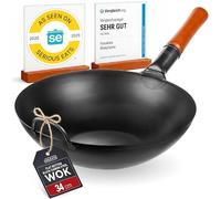 YOSUKATA Woks Et Poêles à Frire 34 cm à Fond Plat Pré-assaisonné Chinois Traditionnel - Wok Acier Carbone Noir Pour Induction, Plaques Électriques, Gaz, Feu Ouvert - Pour Sauté, Barbecue et Camping