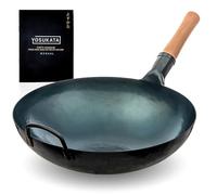 YOSUKATA Woks Et Poêles à Frire 36 cm À Fond Rond Pré-Assaisonné En Acier Carbone Bleu - Compatible Avec Les Cuisinières À Gaz Et Les Feux Ouverts, Barbecue Et Camping - Chinois Traditionnel