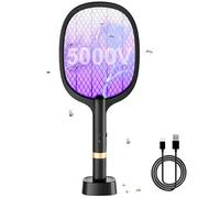 YOUBST 5000V Raquette Electrique Insectes, 2000 mAh Raquette Moustique Electrique Raquette Anti Moustique Electrique UV Exterminator avec Base de Recharge, Efficace pour Intérieur Extérieur Noir