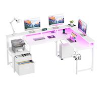 YOUDENOVA Bureau d'angle avec tiroirs, en forme de L, 168 x 100 cm, table de jeu, avec LED, avec prise et port de charge USB, blanc