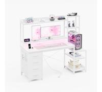YOUDENOVA Bureau de jeu avec tiroirs et étagère, 130 x 48 cm, table de jeu avec LED, prise et USB, bureau d'ordinateur avec support pour moniteur, étagères et support pour casque, fibre de carbone