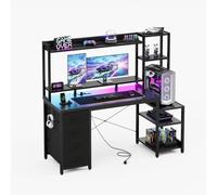 YOUDENOVA Bureau de jeu avec tiroirs et étagère, 130 x 48 cm, table de jeu avec LED, prise et USB, bureau d'ordinateur avec support pour moniteur, étagères et support pour casque, fibre de carbone