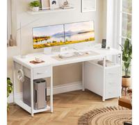 YOUDENOVA Bureau d'ordinateur 140 cm avec Prises Intégrées, Bureau avec 4 Tiroirs Blanc, Table avec Support CPU, Étagère de Rangement et 2 Ports USB, Table Informatique pour Travail, Étude et Gaming