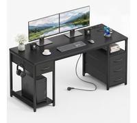 YOUDENOVA Bureau d'ordinateur 140 cm avec Prises Intégrées, Bureau avec 4 Tiroirs Noir, Table avec Support CPU, Étagère de Rangement et 2 Ports USB, Table Informatique pour Travail, Étude et Gaming