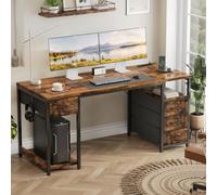 YOUDENOVA Bureau d'ordinateur 140 cm avec Prises Intégrées, Bureau avec 4 Tiroirs, Table avec Support CPU, Étagère de Rangement et 2 Ports USB, Table Informatique pour Travail, Étude et Gaming Marron