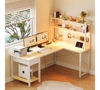YOUDENOVA Bureau Gaming d'angle avec Panneau Perforé, 135 x 90 cm Table de Rangement avec LED et Prises, Bureau Ordinateur avec Étagère Réversible en Forme de L Bois Blanc
