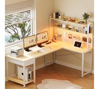 YOUDENOVA Bureau Gaming d'angle avec Panneau Perforé, 155 x 100 cm Table de Rangement avec LED et Prises, Bureau Ordinateur avec Étagère Réversible en Forme de L Bois Blanc