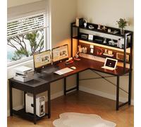 YOUDENOVA Bureau Gaming d'angle avec Panneau Perforé, Table de Rangement avec LED et Prises, Bureaux Ordinateur avec étagère Réversible en Forme de L, 155 x 100 x 152 cm, Noir