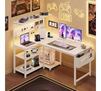 YOUDENOVA Bureau Gaming en L 120x80cm avec LED et Prise, Bureau d'angle Réversible avec Étagère et Panneau Perforé, Table d'Ordinateur avec Rangement pour Home Office et Gamer, Blanc