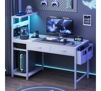 YOUDENOVA Bureau Gaming Réversible avec LED et Prises, 100 cm Petit Table de Jeu avec 2 Tiroirs, Poche Latérale et Étagère de Rangement, Table d'ordinateur pour Chambre à Coucher Blanc