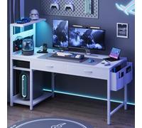 YOUDENOVA Bureau Gaming Réversible avec LED et Prises, 120 cm Petit Table de Jeu avec 2 Tiroirs, Poche Latérale et Étagère de Rangement, Table d'ordinateur pour Chambre à Coucher Blanc