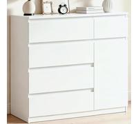 YOUDENOVA Commode avec 5 Tiroirs et 1 Placard, Blanc Bois Chiffonnier pour Chambre Couloir Salon, Meuble à tiroirs Profondeur 40 cm, Commode Largeur 90 cm, Meuble Moderne, 90 x 40 x 80 cm