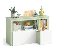 YOUDENOVA Étagère pour enfant avec 3 boîtes et roulettes, 102,2 x 33 x 61,5 cm, rangement de jouets et bibliothèque en bois, meuble moderne pour livres d'images et jouets, sûre et stable, vert
