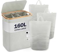 YOUDENOVA Panier à linge avec couvercle 3 compartiments 160L Collecteur de linge pliable Gris