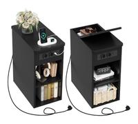 YOUDENOVA Table de Chevet 30 cm Lot de 2, Table de Nuit Etroite avec Prise Intégrée, 2 Étagères Ouvertes et Compartiments Dissimulés, Table Basse Moderne pour Salon Chambre, Noir