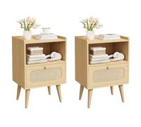 YOUDENOVA Table de Chevet Bois avec Rotin, Table de Nuit avec Tiroir et Étagère Ouverte, Table d'Appoint Poignée Ronde en Bois, Table Basse pour Salon Chambre Bureau, Rustique Naturel (2, Naturel)