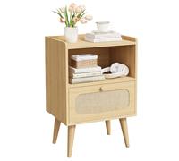 YOUDENOVA Table de Chevet Bois avec Rotin, Table de Nuit avec Tiroir et Étagère Ouverte, Table d'Appoint Poignée Ronde en Bois, Table Basse pour Salon Chambre Bureau, Rustique Naturel