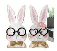 Youding Panneau de table de Pâques | Lot de 2 décorations pour lapins en bois | Figurines de centre de table printaniers pour ferme, design de lunettes, présentoir de table, artisanat
