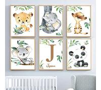 Youihom 6 Tableau Personnalisé Prenom Bebe Poster Safari Jungle Animaux Lion Elephant Belette Jaune Koala Affiche Enfant Deco Chambre Decoration Murale Garcon 21x30cm a4 sans Cadre