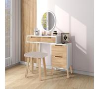 YOURLITE Ensemble de Coiffeuse avec Tabouret avec Table de Chevet, Miroir Oval Lumineux LED, 3 Températures de Couleur, Luminosité Réglable, Blanc/Chêne