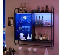 YOURLITE Étagère Murale Cuisine avec LED,Porte Bouteille Mural,83x80x22CM | Etagere Mural pour bouteille,7 Couleurs de Lumière,Étages Réglables,6 Crochets S,pour la Maison,Bar,Cuisine,Assiette,Noir