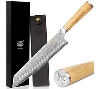 YOUSUNLONG Couteau de chef Kiritsuke 254 mm - Acier Damas japonais martelé - Super pointu - Manche en bois d'olivier italien avec gaine en cuir - Couteau de cuisine - Trancheuse viande, boeuf, BBQ