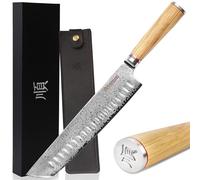 YOUSUNLONG Couteau de chef Tanto - 254 mm - Acier Damas japonais - Tranchant rasoir - Manche en bois d'olivier italien avec étui en cuir - Couteau de cuisine, Trancheur de viande, Boeuf, BBQ