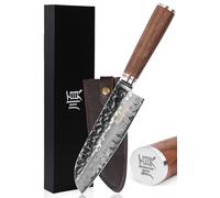 YOUSUNLONG Couteau Santoku 180mm - VG10 Couteau de Chef Japonais en acier Damas martelé - Couteaux asiatiques tranchants comme des rasoirs - Manche en bois de noyer naturel avec étui en cuir