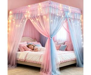 YOUYIKE Ciel de Lit Fille, 200x150x200cm Rose Ciels Delit avec LED Quatre Portes Style Princesse Moustiquaire de Lit 1 Place ou 2 Places Baldaquin
