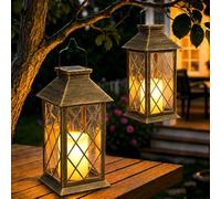 Yowin Lanterne Solaire Exterieur 2 Pièces 22cm Grande Lampe Solaire Jardin avec Bougie, Verre Trempé, Lampe de Table Étanche Suspension Lampe, Solaire Exterieur a Poser pour Balcon Jardin - Bronze