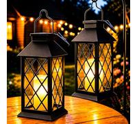 Yowin Lanterne Solaire Exterieur 2 Pièces 22cm Grande Lampe Solaire Jardin | Bougie Vacillante, Verre Trempé, Lampe de Table Étanche Suspension Lampe, Solaire Exterieur a Poser pour Balcon Jardin - Noir