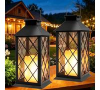 Yowin Lanterne Solaire Exterieur 2 Pièces 35cm Grande Lampe Solaire Jardin avec Bougie, Verre Trempé, Lampe de Table Étanche Suspension Lampe, Solaire Exterieur a Poser pour Balcon Jardin - Noir