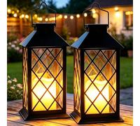 Yowin Lanterne Solaire Exterieur 2 Pièces 35cm Grande Lampe Solaire Jardin | Bougie, Verre Trempé, Lampe de Table Étanche Suspension Lampe, Solaire Exterieur a Poser pour Balcon Jardin Deco - Noir