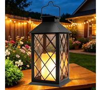 Yowin Lanterne Solaire Exterieur 35cm Grande Lampe Solaire Jardin | Bougie, Verre Trempé, Lampe de Table Étanche Suspension Lampe, Solaire Exterieur a Poser pour Balcon Jardin Deco - Noir