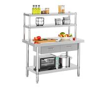YPIOUREN Table INOX 201, Plan de Travail Cuisine | Cadre Réglable en Hauteur, Tiroirs À Fermeture Fluide, Capacité de Charge D'environ 136 Kg(122x61x85cm/48x24x33.5in)