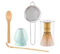 YRREATY Ensemble de Thé Matcha 5 Pièces : Support en Céramique, Fouet en Bambou, Cuillère en Bois, Pelle en Bambou, Tamis.