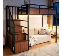Yrxin Lit mezzanine en métal 90 x 200 cm, avec éclairage LED, cadre en métal avec plaques en bois et grille de sécurité surélevée, échelle de rangement montable des deux côtés, pour lit d'enfant, lit