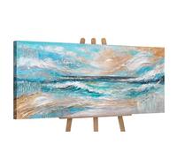 YS-Art Images colorées sur toile avec des accents dorés Belles peintures acryliques peintes à la main sur la mer Tableau mural peint à la main Peinture acrylique Décoration intérieure 115x50 cm