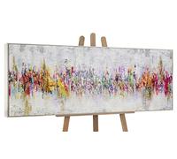 YS-Art Tableau Abstrait Coloré Peint à la Main, Peinture Acrylique sur Toile Texturée Multicolore avec Doré pour Salon Loft 150x50 cm