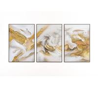 YS-Art Tableau Triptyque Abstrait Blanc Or Peint À La Main Salon Entrée
