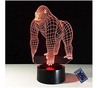 YTDZLTD Créatif 3D Gorille Nuit Lampe 16 Couleurs Changeantes Puissance USB Télécommande Contact Switch Lampe Décorative Illusion Optique LED Lampe de Table Anniversaire Noël Cadeau Enfants Jouets