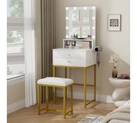 YU YUSING 50cm Petite Coiffeuse avec Miroir LED 10 Ampoules avec Tabouret, Table de Maquillage 3 Couleurs Réglables Dimmable 2 Tiroirs 1 Étagère, Armoire Rangement, Coiffeuse Cosmétique, Doré Blanc