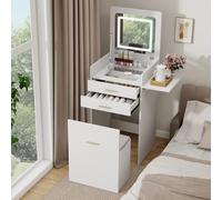 YU YUSING Coiffeuse Bureau 3 en 1, Miroir LED Rabattable Tabouret Rangement | Plateau Verre Transparent, Panneau Latéral, Extensible 50-75cm, Table de Chevet, Table de Maquillage Gain de Place, Blanc