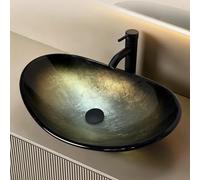 YU YUSING Ensemble Complet- Vasque à Poser en Verre Ovale de Salle de Bain, Lavabo Moderne, Verre Trempé 12mm, Évier Suspendu Design Galaxie Dorée avec Robinet Inclus, Déco Luxe, WC (53x35x15.5cm)