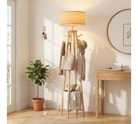 YU YUSING Lampadaire sur Pied Salon Multifonctionnel avec Porte-Manteau 8 Crochets, Panier à Linge, Abat-jour en Lin, Portant à Vêtement d’Entrée, Lampe Design, Bois de Pin, Chambre(Sans Ampoule)