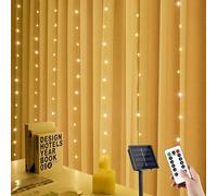 YUANYUYING Guirlande lumineuse solaire rideau, 3 m x 1 m, 100 LED, effet cascade, avec télécommande et minuterie, 8 modes d'éclairage, sécurisante et découpable (Blanc chaud)