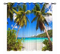 YUANZU Rideaux Tropicale - Imprimé Occultants Thermiques (Décor Plage Palmiers Hawaii & Océan Estival) pour Salon/Chambre avec Œillets - 2 Panneaux L117 x H183cm